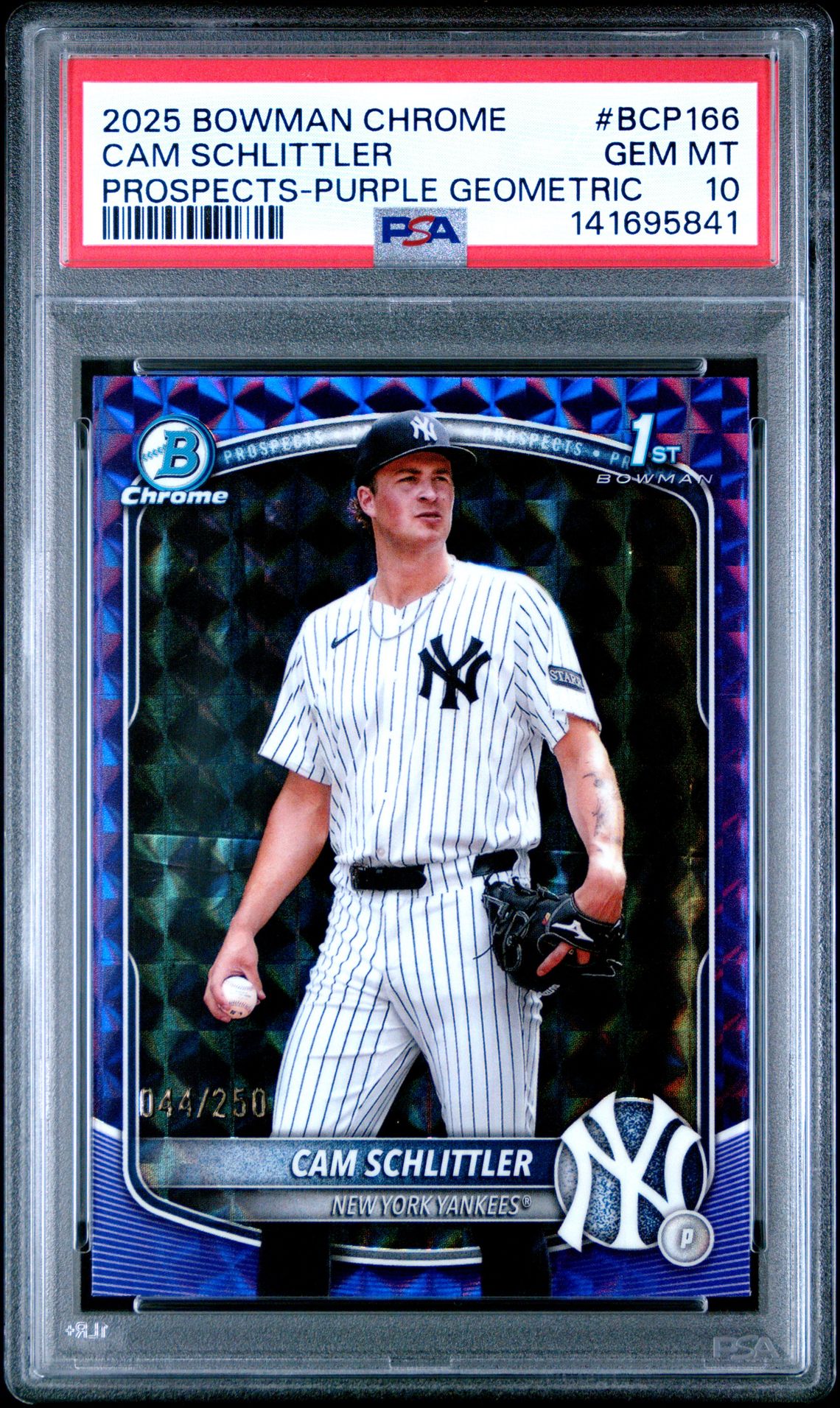 2025 Bowman Chrome Prospects Cam Schlittler #Bcp166 (Prospects-Purple Geometric) Gem Mt 10 front