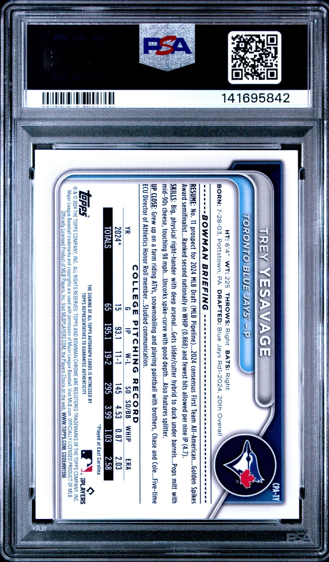 2024 Bowman Draft Chrome Prospect Autographs Trey Yesavage #Cpaty (Chr Prospect Au-Yellow Ref) Gem Mt 10 back