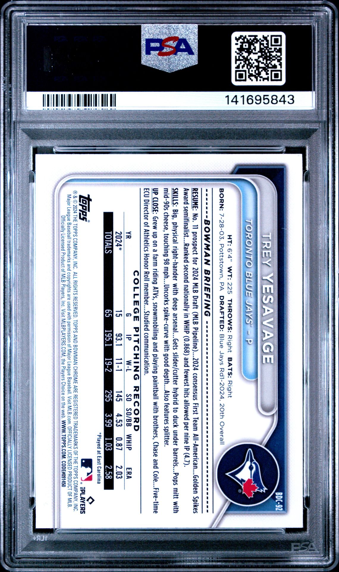 2024 Bowman Draft Trey Yesavage #Bdc92 (Chrome-Purple Refractor) Mint 9 back