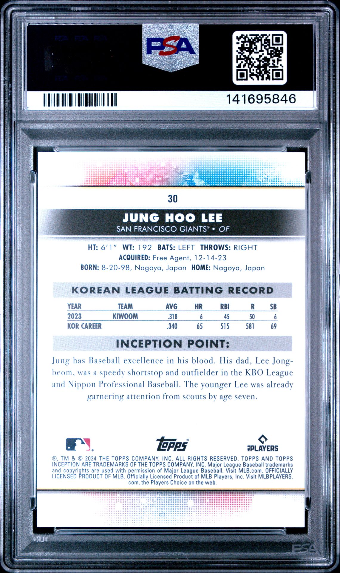 2024 Topps Inception Jung Hoo Lee #30 Gem Mt 10 back