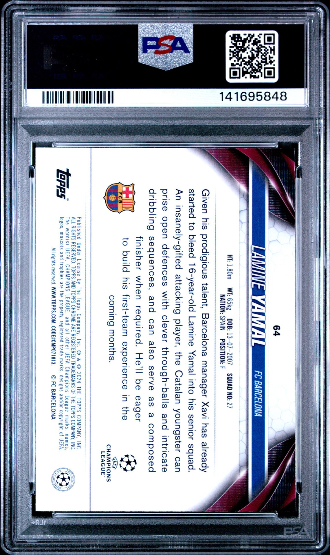 2023-24 Topps Chrome Uefa Club Competitions Lamine Yamal #64 (Violet Speckle Refractor) Gem Mt 10 back