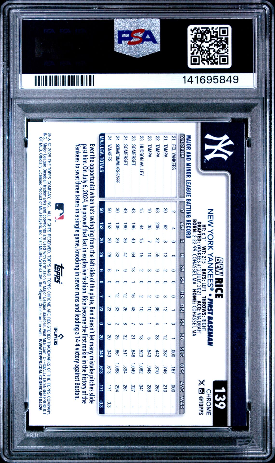 2025 Topps Chrome Ben Rice #139 (X-Fractor) Gem Mt 10 back