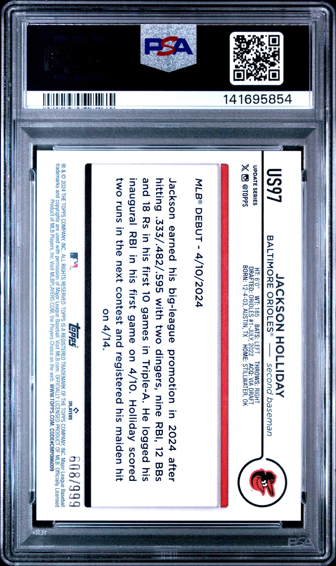 2024 Topps Update Jackson Holliday #Us97 (Blue Holo Foilboard) Gem Mt 10 back