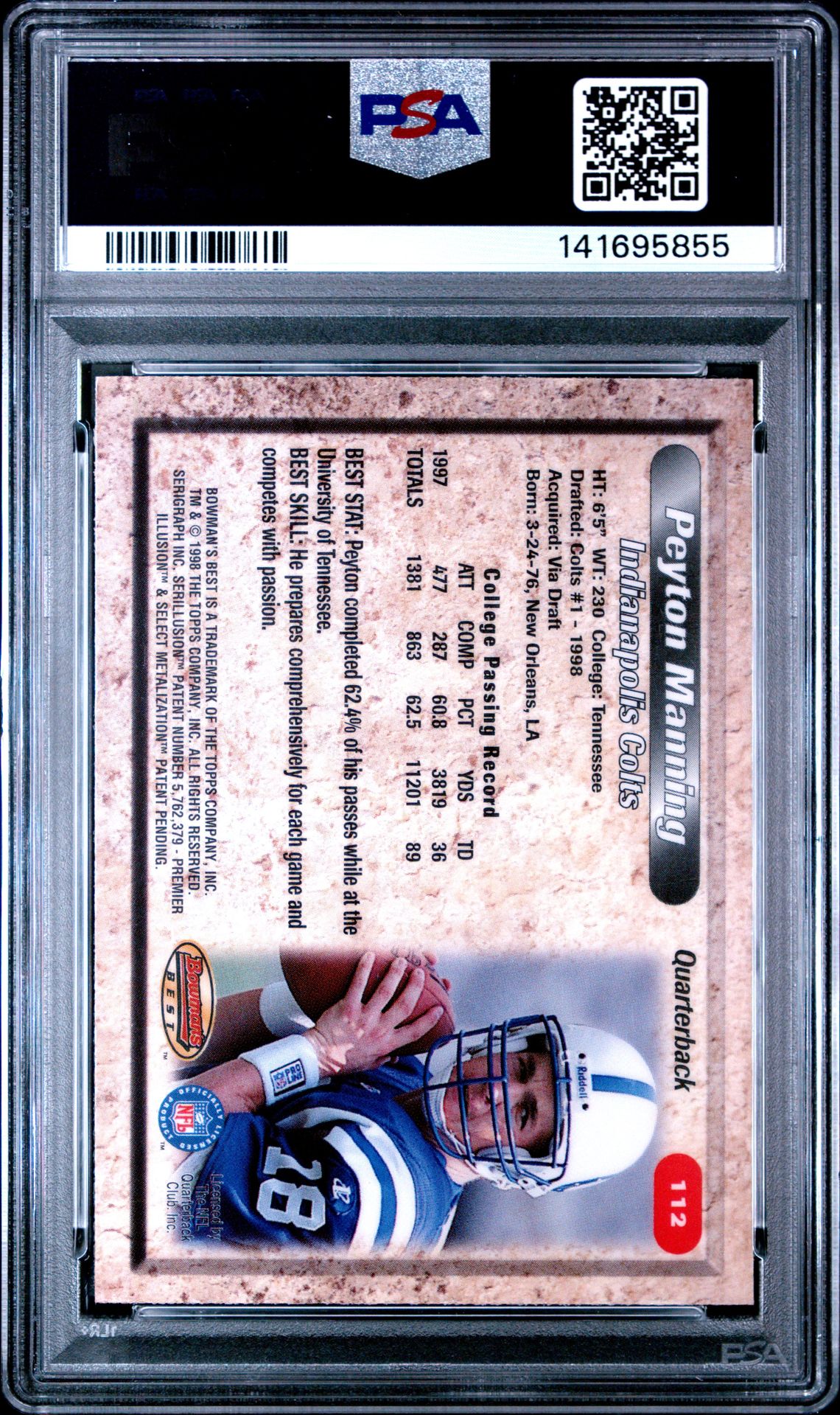 1998 Bowman's Best Peyton Manning #112 Mint 9 back