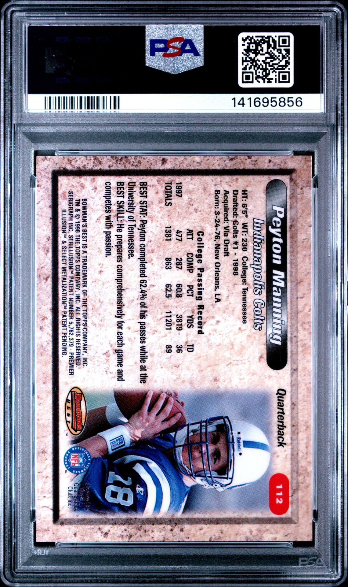 1998 Bowman's Best Peyton Manning #112 Mint 9 back