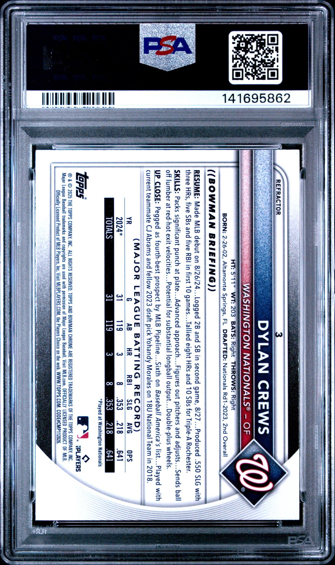 2025 Bowman Chrome Dylan Crews #3 (Refractor) Gem Mt 10 back