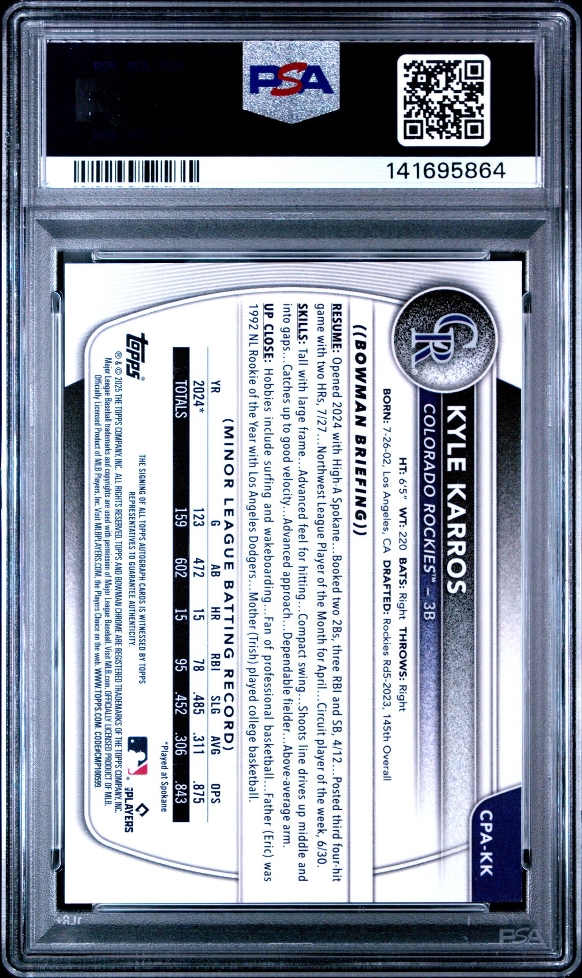 2025 Bowman Chrome Prospect Autographs Kyle Karros #Cpakk (Chr Prospect Auto-Gold Ref) Mint 9 back