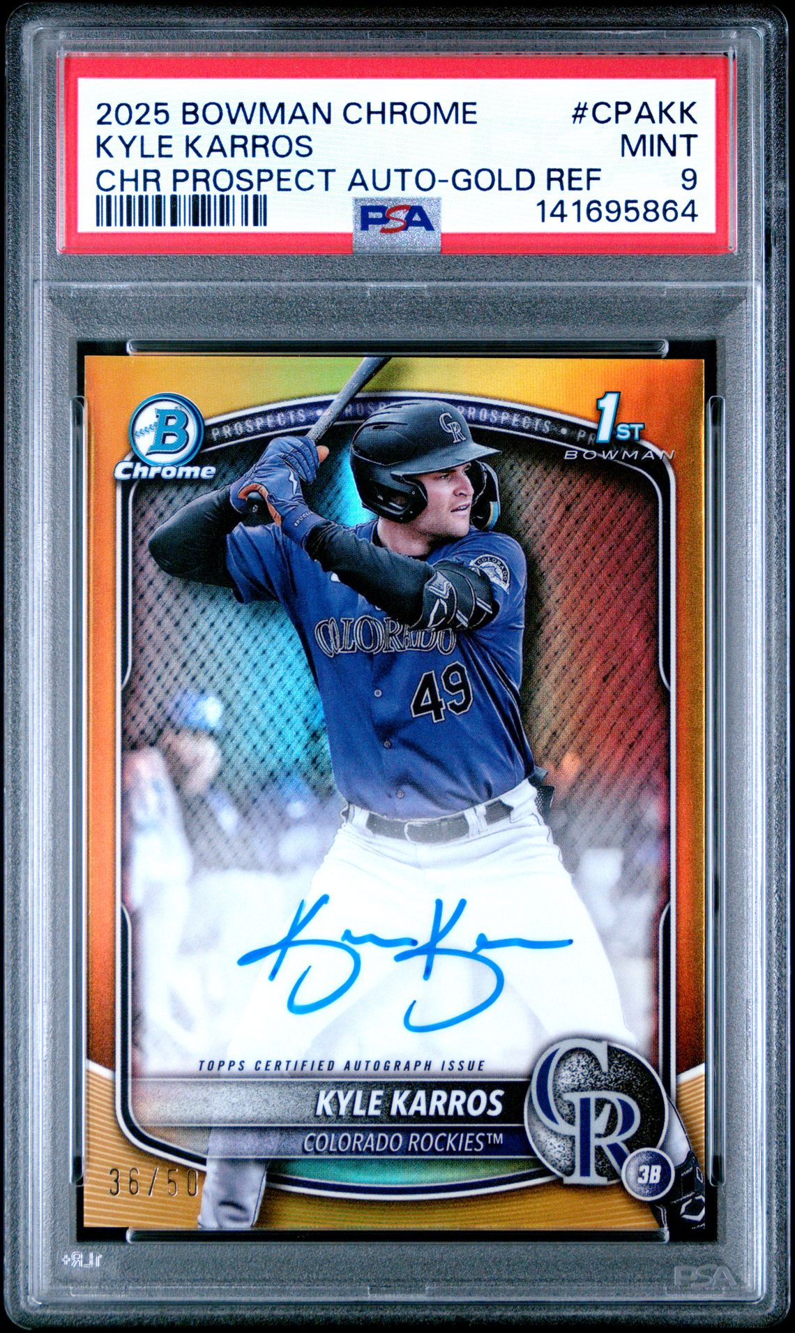 2025 Bowman Chrome Prospect Autographs Kyle Karros #Cpakk (Chr Prospect Auto-Gold Ref) Mint 9 front