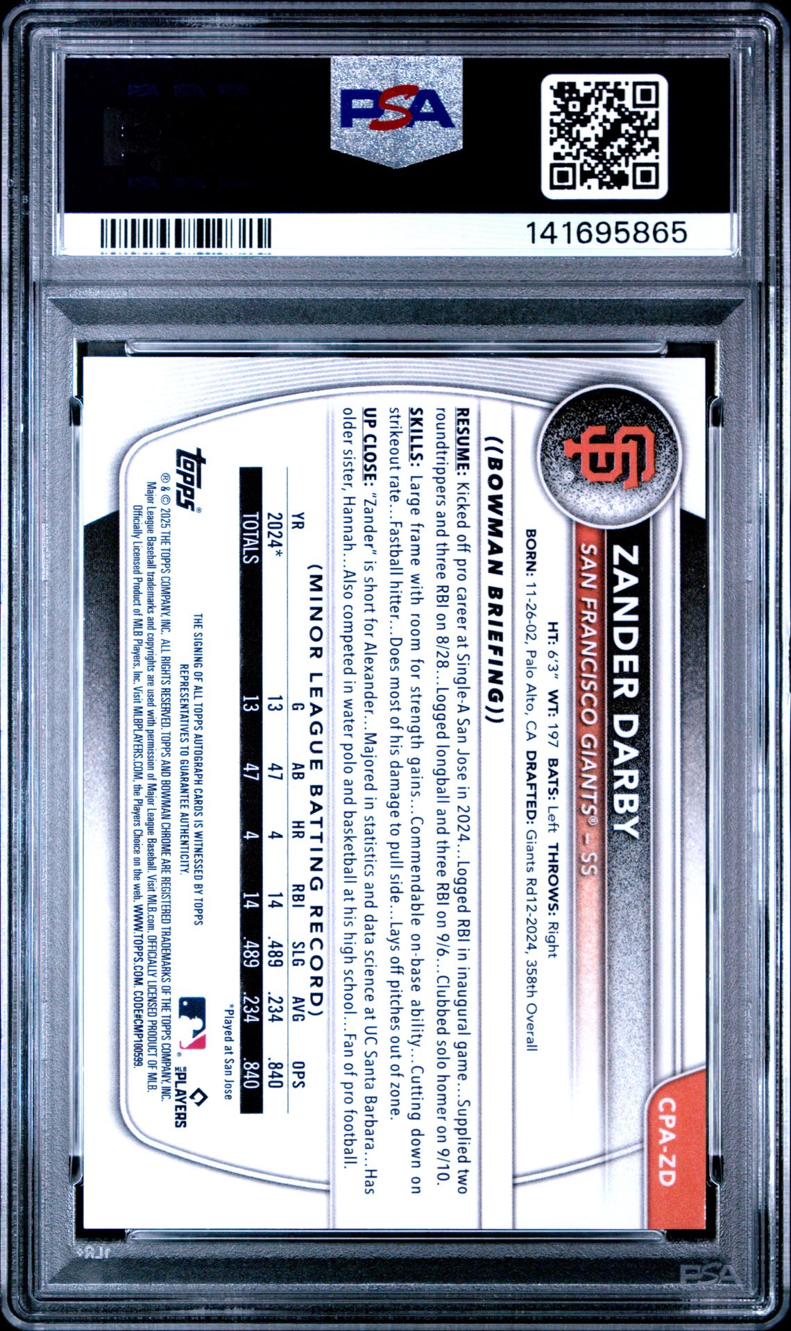 2025 Bowman Chrome Prospect Autographs Zander Darby #Cpazd (Chr Pros Auto-Hta Choice) Gem Mt 10 back