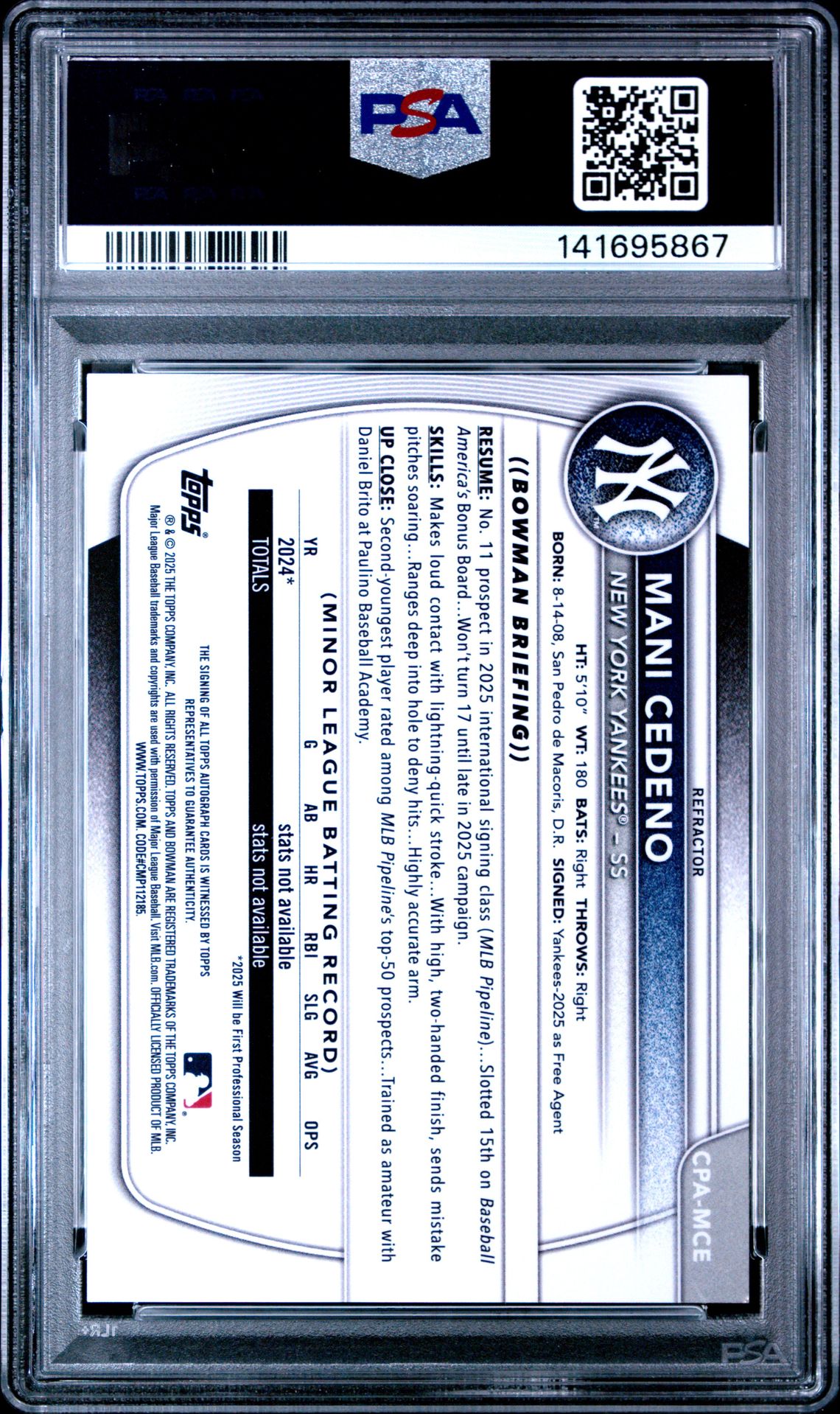 2025 Bowman Chrome Prospect Autographs Mani Cedeno #Cpamce (Chrome Pros Au-Refractor) Mint 9 back