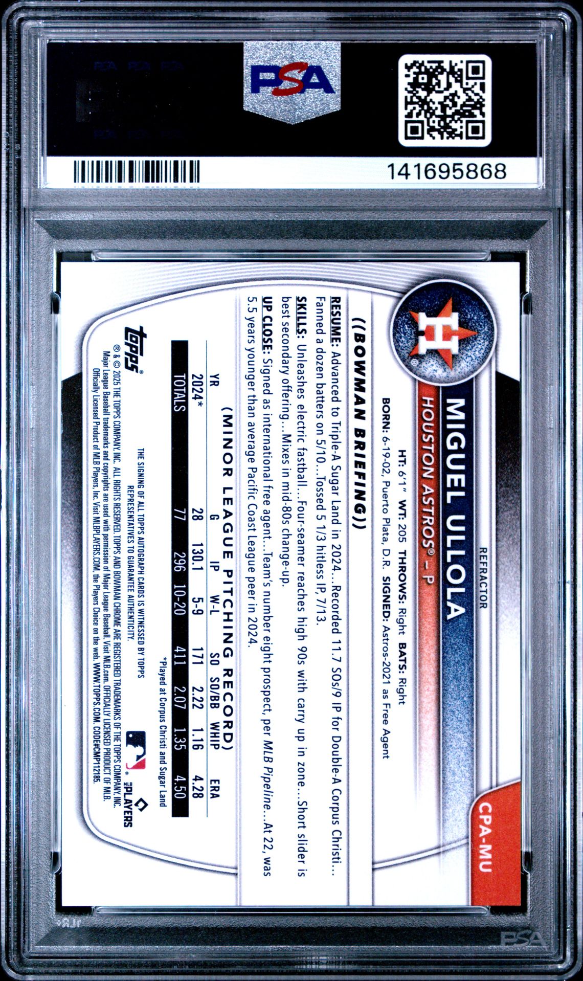 2025 Bowman Chrome Prospect Autographs Miguel Ullola #Cpamu (Chrome Pros Au-Refractor) Gem Mt 10 back