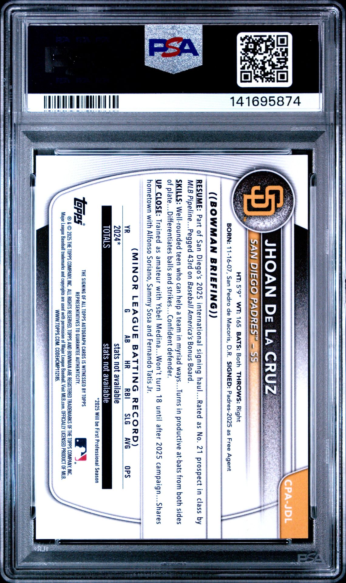 2025 Bowman Chrome Prospect Autographs Jhoan De La Cruz #Cpajdl Mint 9 back