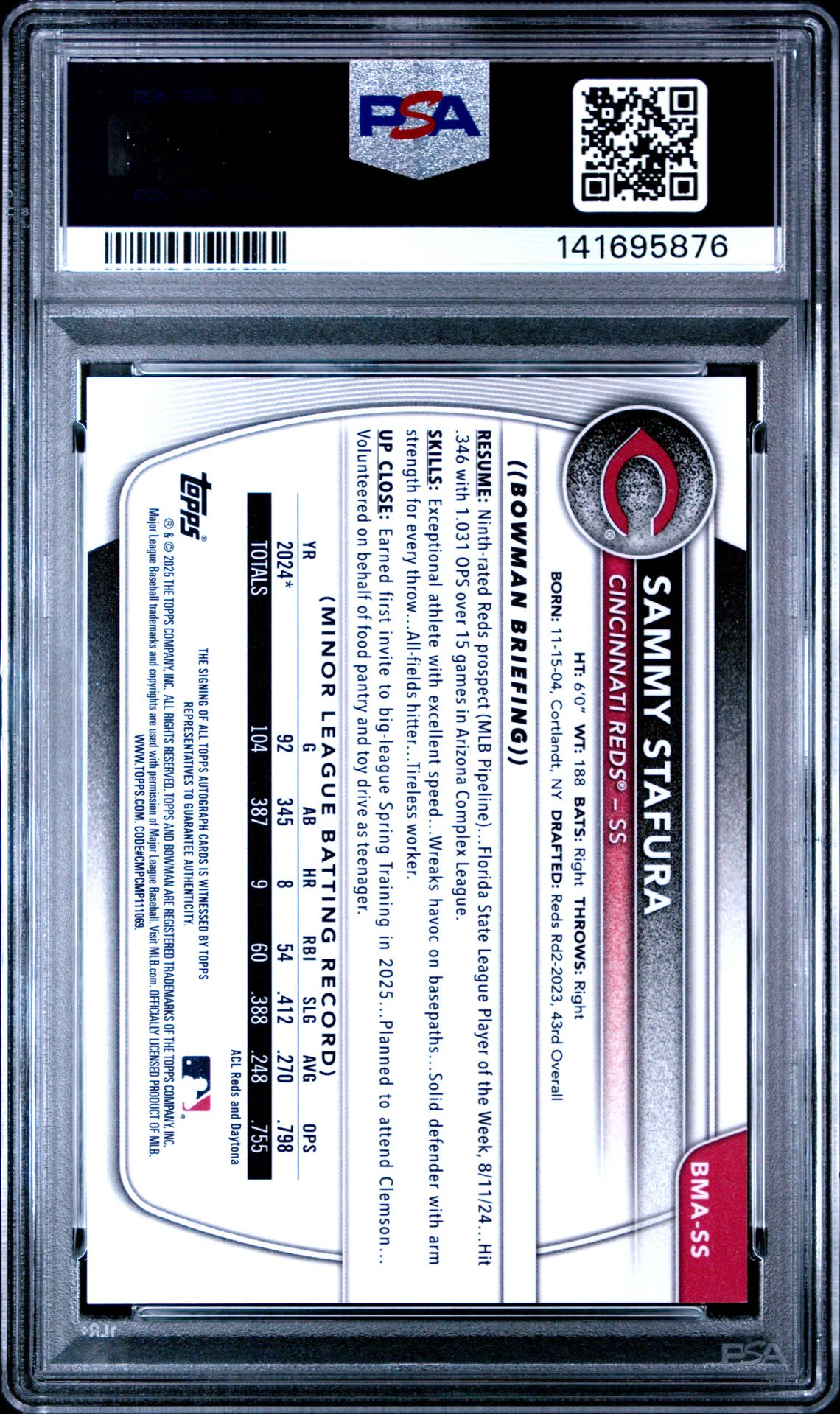 2025 Bowman Chrome Mega Box Chrome Prospects Autographs Sammy Stafura #Ss Gem Mt 10 back