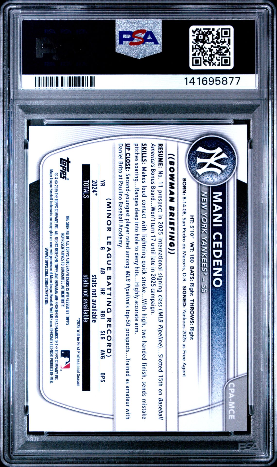 2025 Bowman Chrome Prospect Autographs Mani Cedeno #Cpamce Gem Mt 10 back