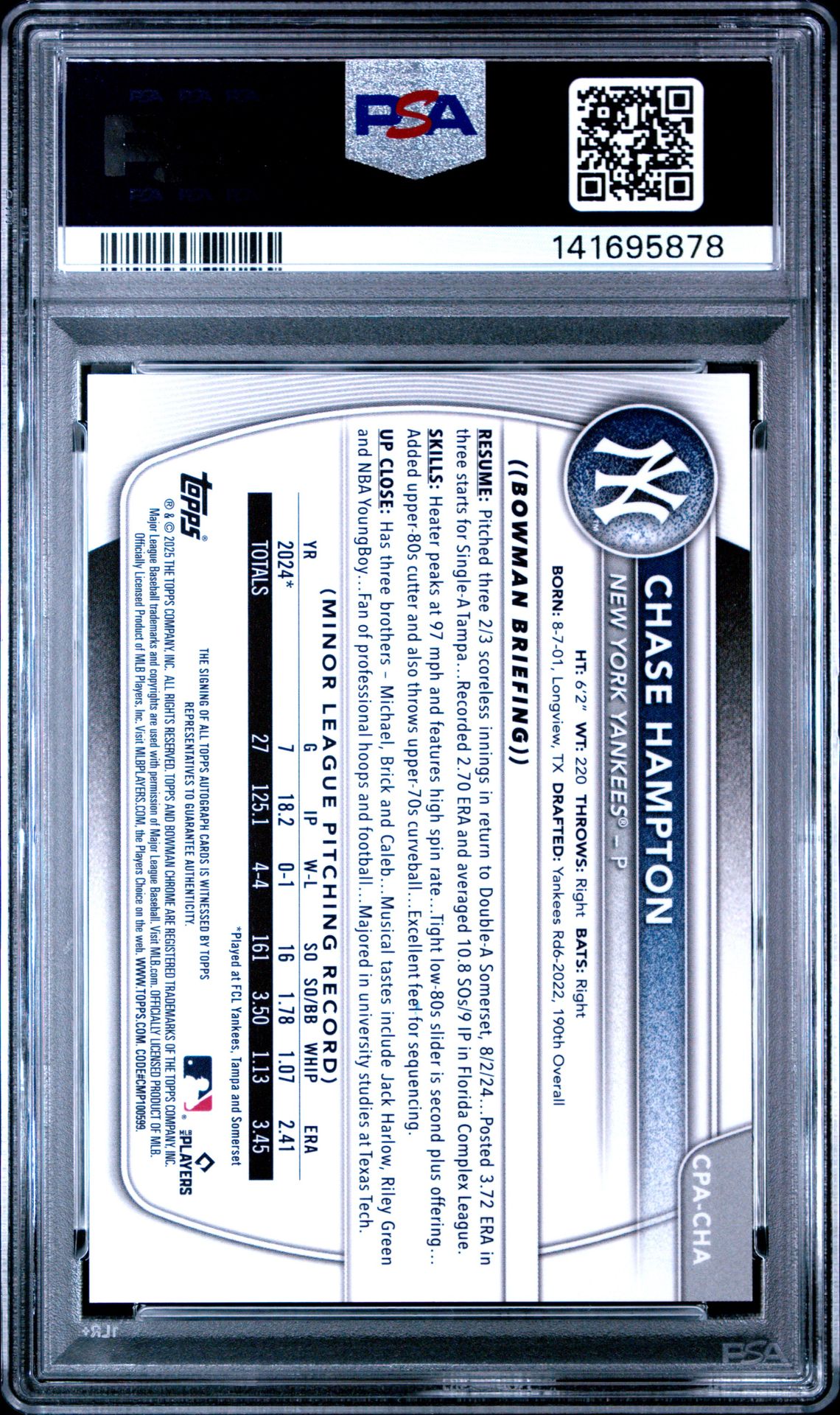 2025 Bowman Chrome Prospect Autographs Chase Hampton #Cpacha Gem Mt 10 back