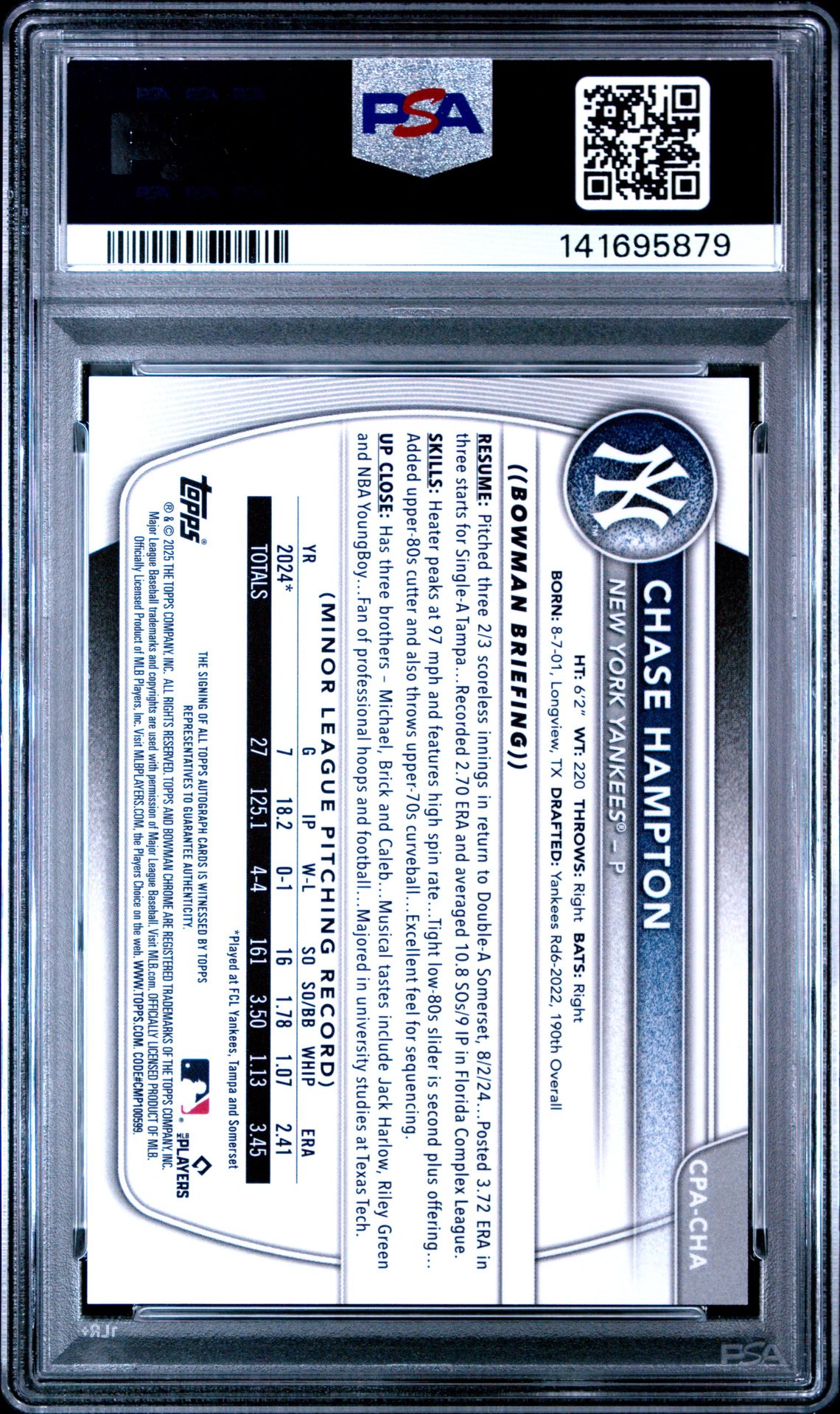 2025 Bowman Chrome Prospect Autographs Chase Hampton #Cpacha Gem Mt 10 back