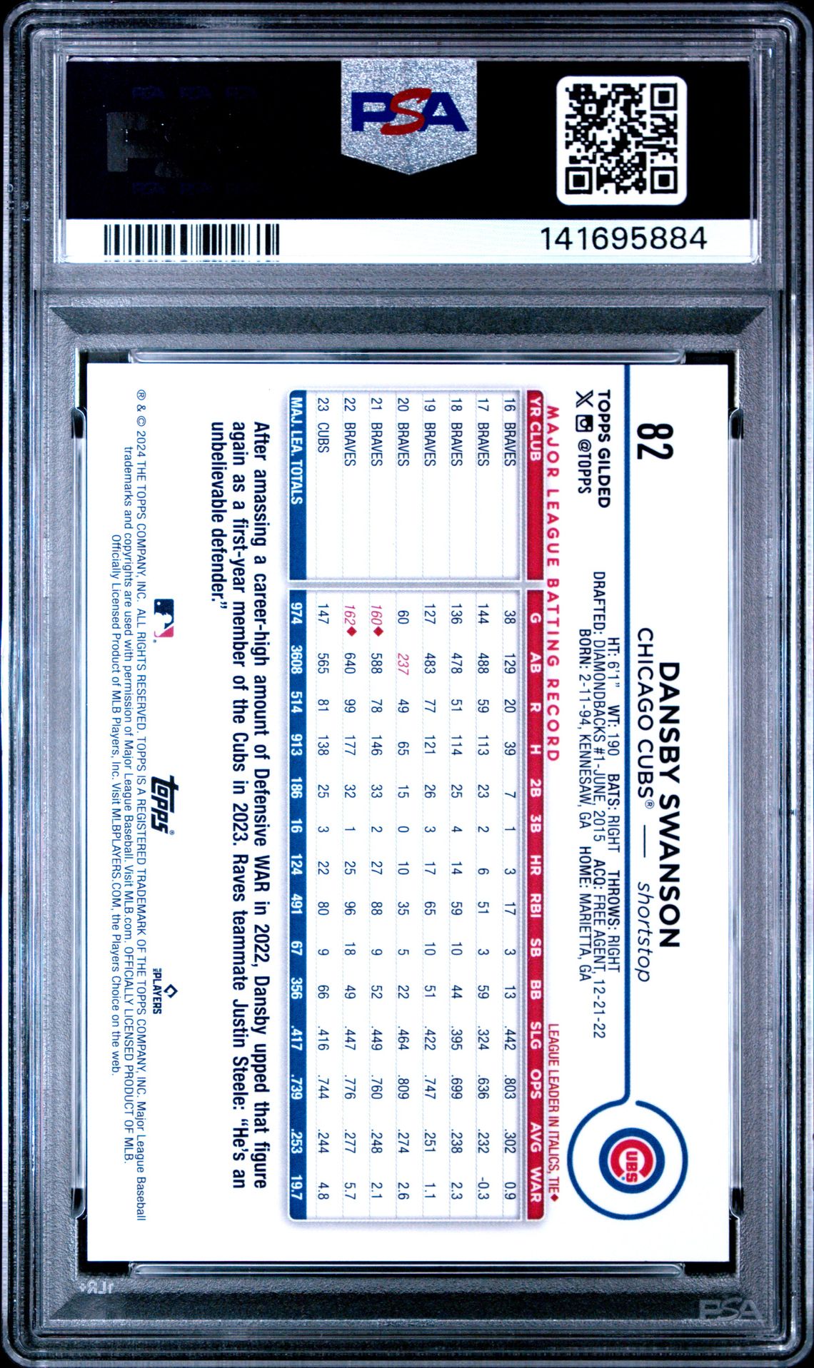 2024 Topps Gilded Collection Dansby Swanson #82 (Gold Wave) Mint 9 back