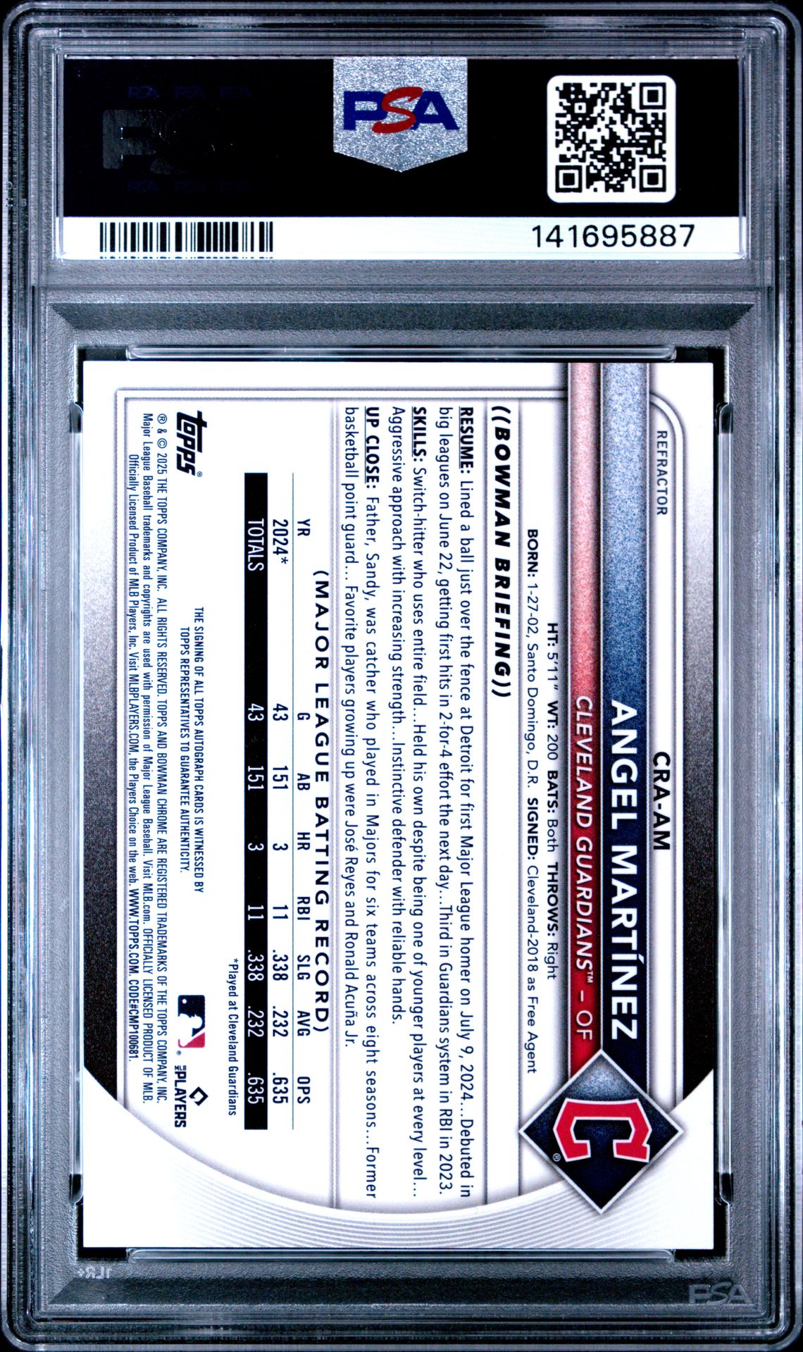 2025 Bowman Chrome Chrome Rookie Autographs Angel Martinez #Cra-Am (Chrome Rookie Au-Refractor) Mint 9 back