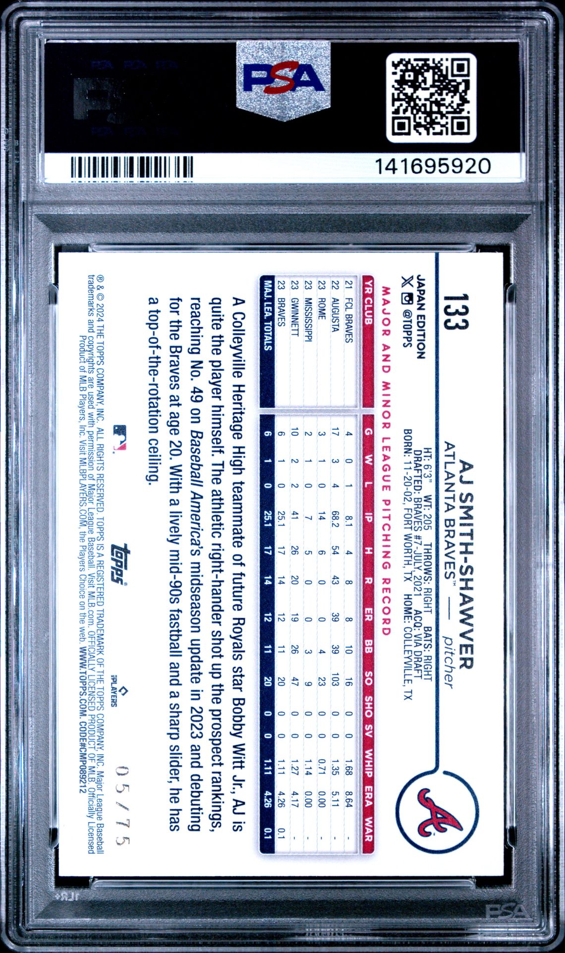 2024 Topps Baseball Japan Edition Aj Smith-Shawver #133 (Jade Green) Gem Mt 10 back