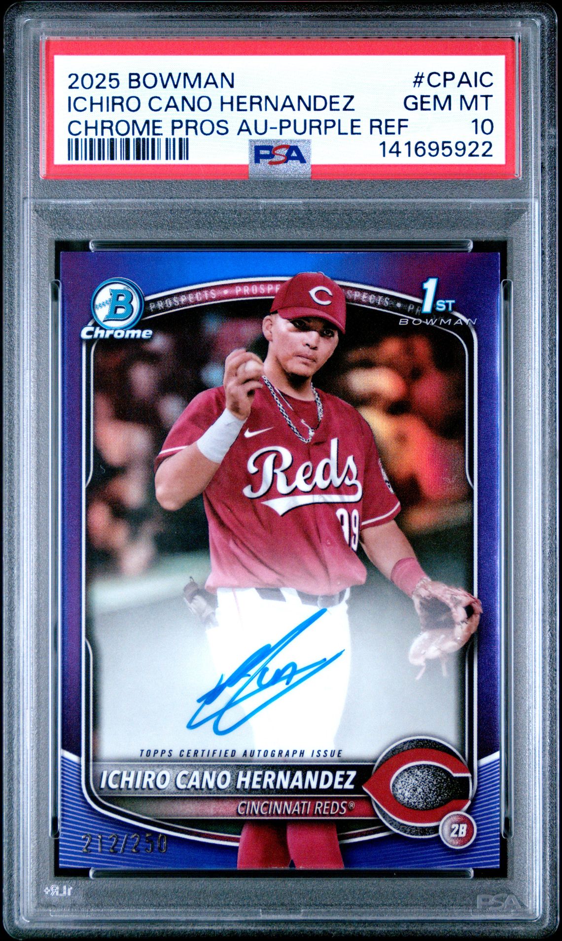 2025 Bowman Chrome Prospect Autographs Ichiro Cano Hernandez #Cpaic (Chrome Pros Au-Purple Ref) Gem Mt 10 front