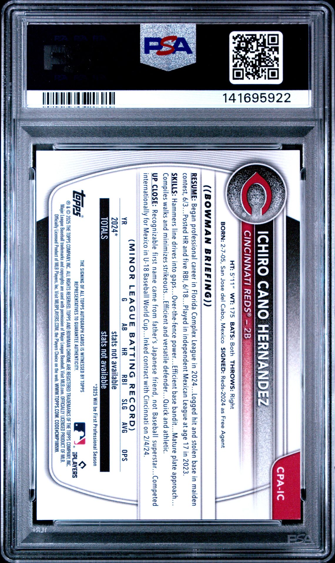 2025 Bowman Chrome Prospect Autographs Ichiro Cano Hernandez #Cpaic (Chrome Pros Au-Purple Ref) Gem Mt 10 back