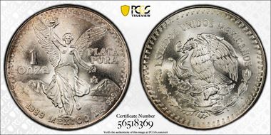1989-Mo Onza Libertad Ag w/o Dot before 999 MS67