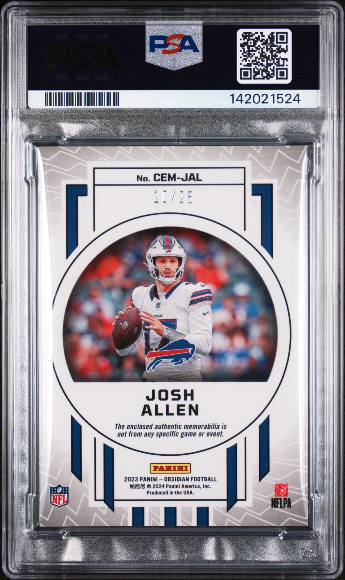 2023 Panini Obsidian Cutting Edge Memorabilia Josh Allen #Cemjal (Cutting Edge Mem-Ee Green) Mint 9 back