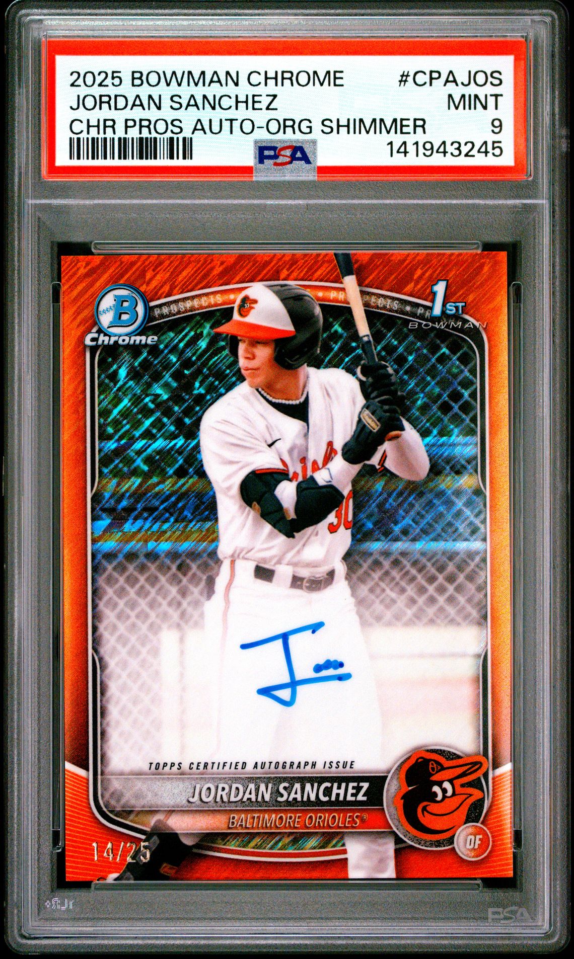 2025 Bowman BOWMAN CHROME PROSPECT AUTOGRAPHS CHR PROS AUTO-ORG SHIMMER #CPAJOS Jordan Sanchez front