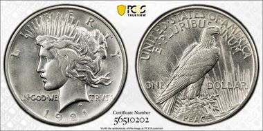 1921 $1 High Relief, Peace N1