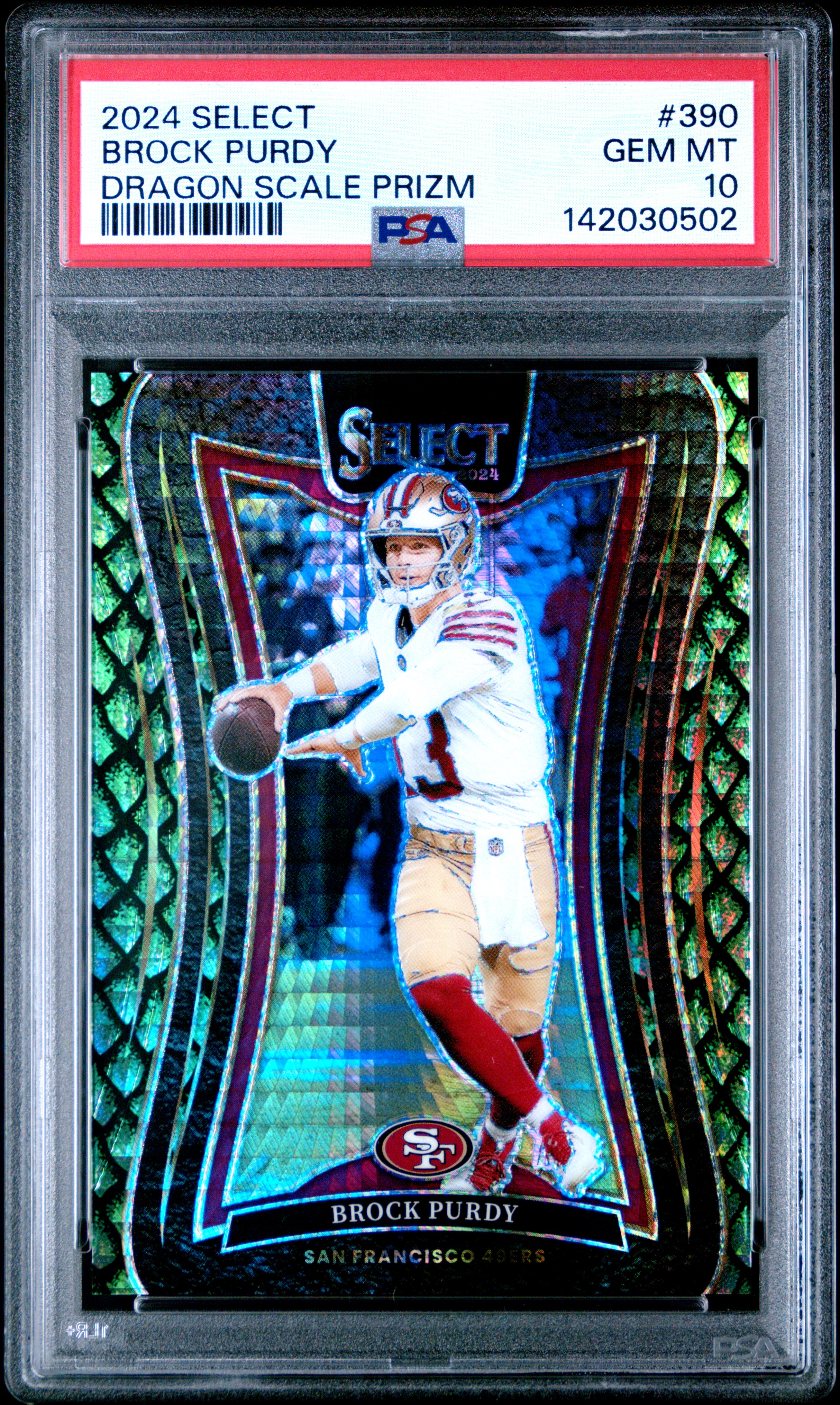 2024 PANINI SELECT DRAGON SCALE PRIZM #390 BROCK PURDY 48/81 PSA 10
