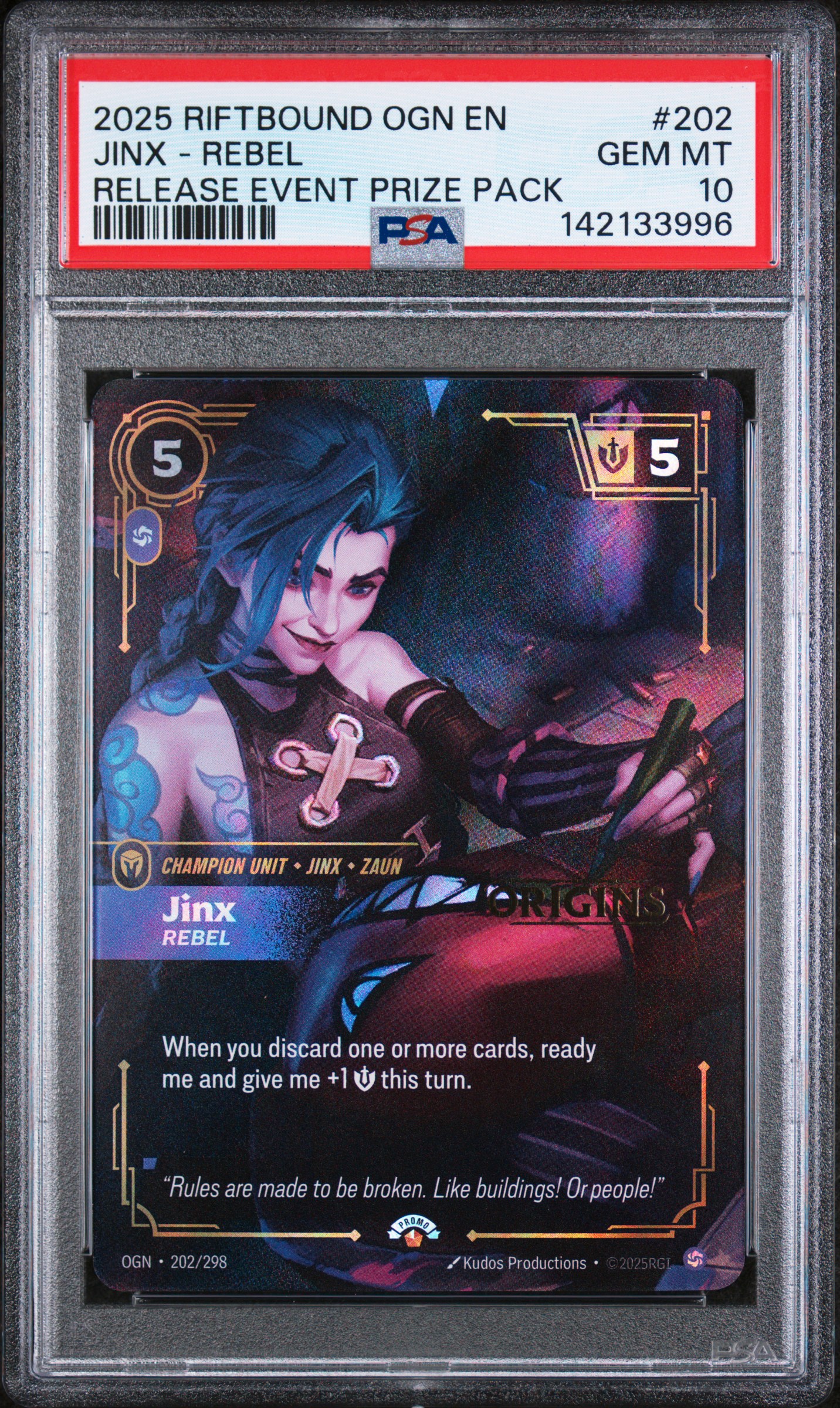 2025 #202 Jinx - Rebel PSA 10 Riftbound: League of Legends Ogn-Origins