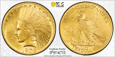 1908 $10 Motto AU55