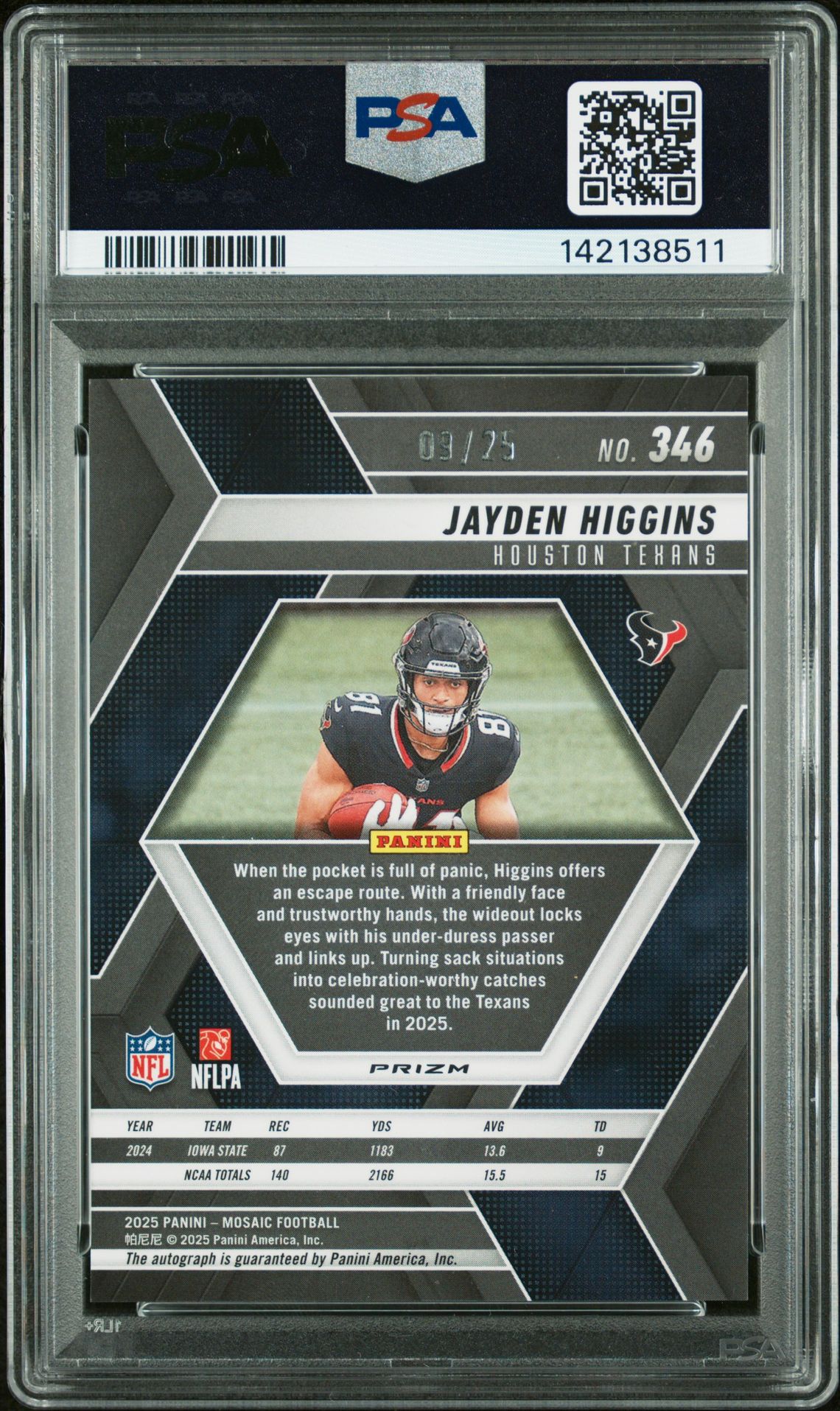 2025 Panini Mosaic Jayden Higgins #346 (Auto-Fusion Grn & Blk Choice) Gem Mt 10 back