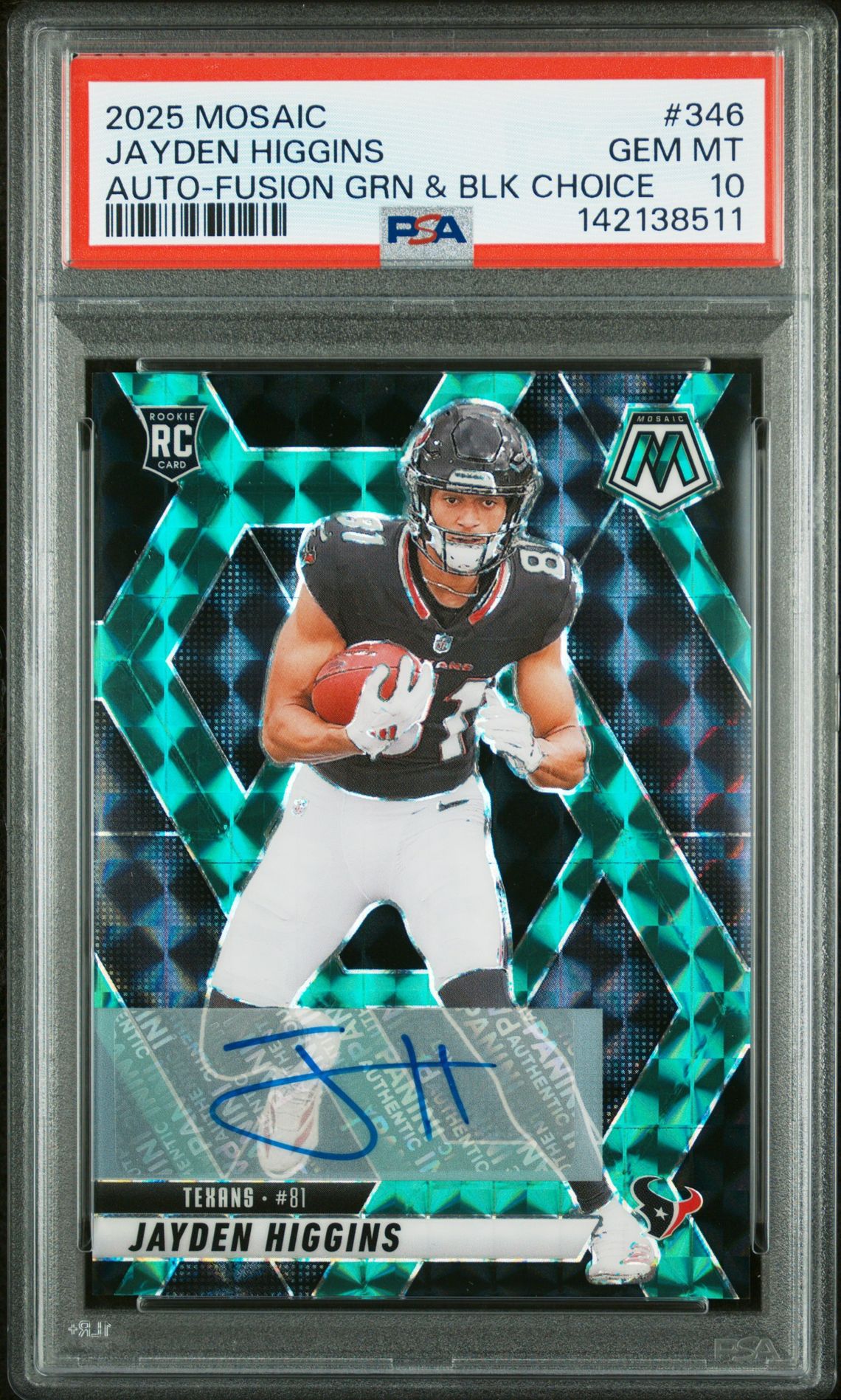 2025 Panini Mosaic Jayden Higgins #346 (Auto-Fusion Grn & Blk Choice) Gem Mt 10 front