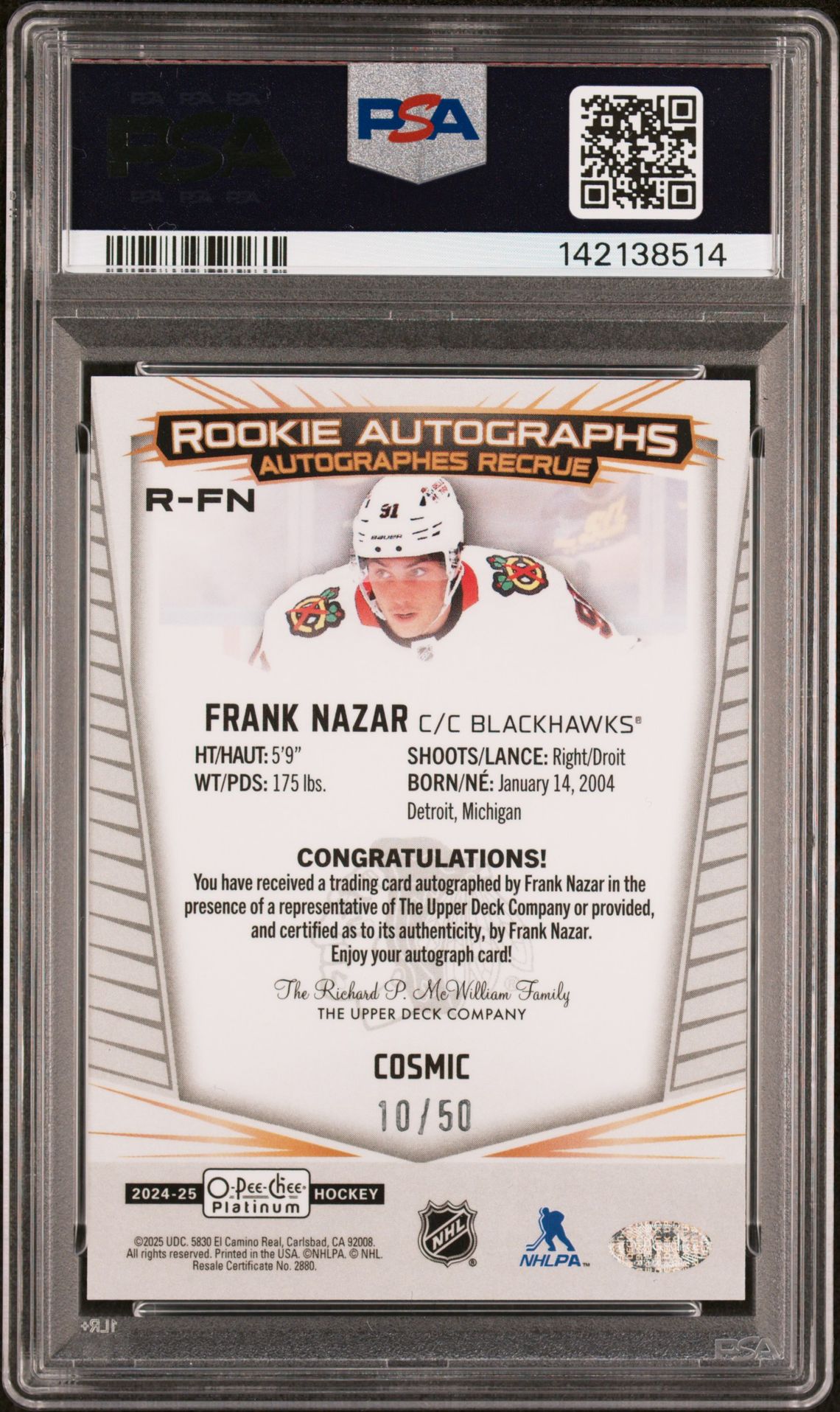 2024 Upper Deck O-Pee-Chee Platinum Rookie Autographs Frank Nazar #Rfn (Rookie Autograph-Cosmic) Gem Mt 10 back