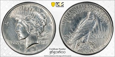 1921 $1 High Relief, Peace N1