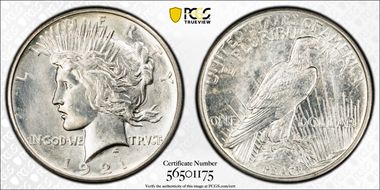 1921 $1 High Relief, Peace N1