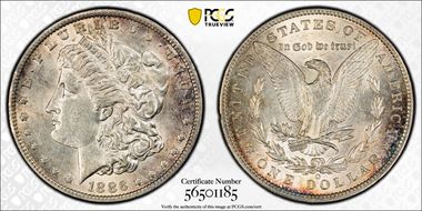 1886-O $1 VAM 1A, Clashed E AU55