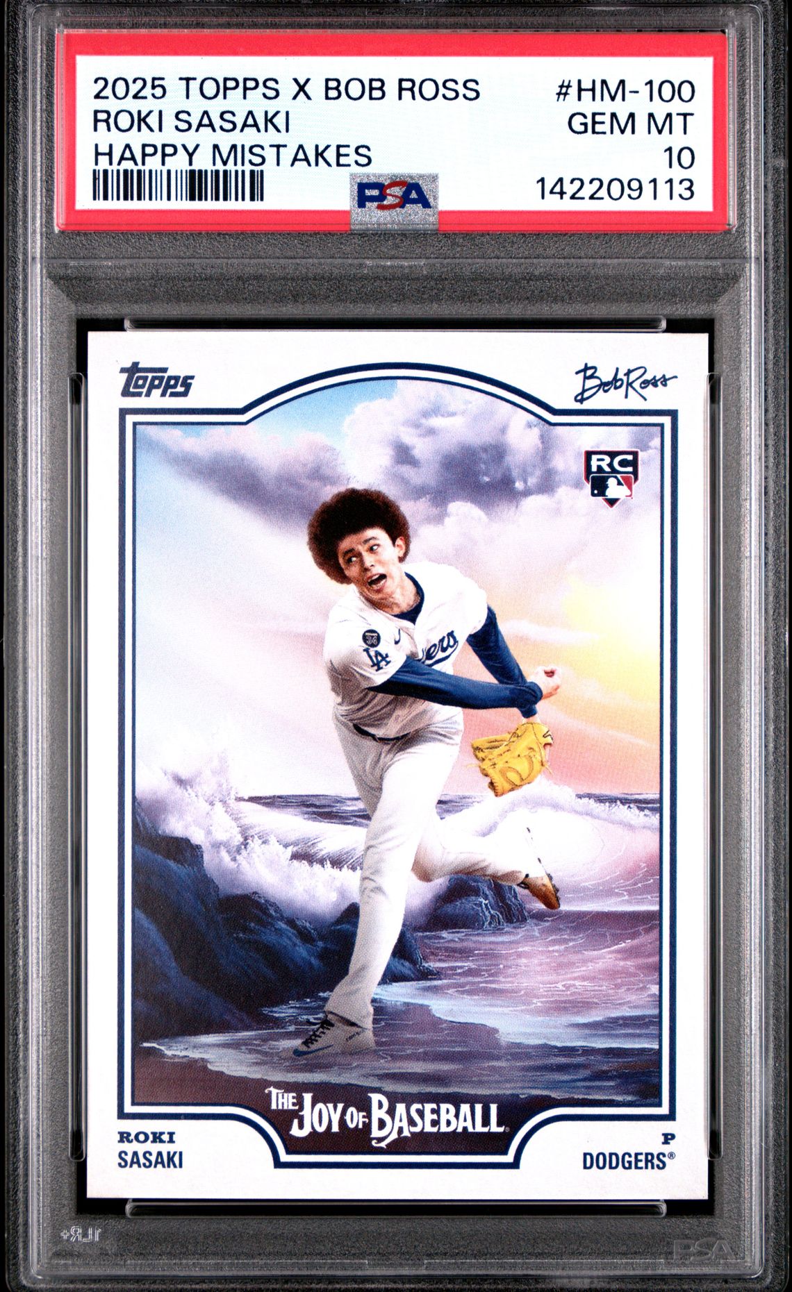 2025 Topps X Bob Ross The Joy Of Baseball Roki Sasaki #Hm-100 (Happy Mistakes) Gem Mt 10 front view - PSA graded GEM MT 10