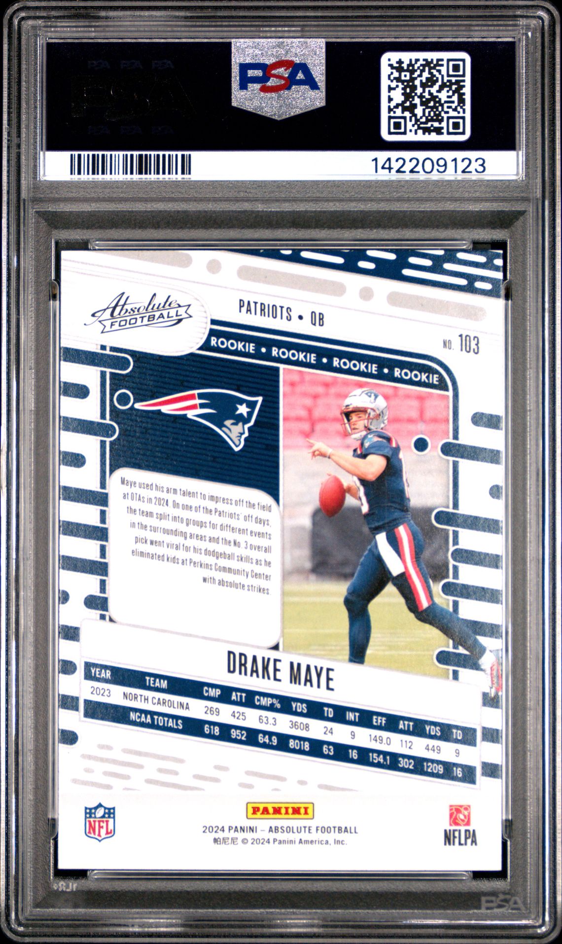 2024 Panini Absolute Drake Maye #103 (Red And Blue) Gem Mt 10 back