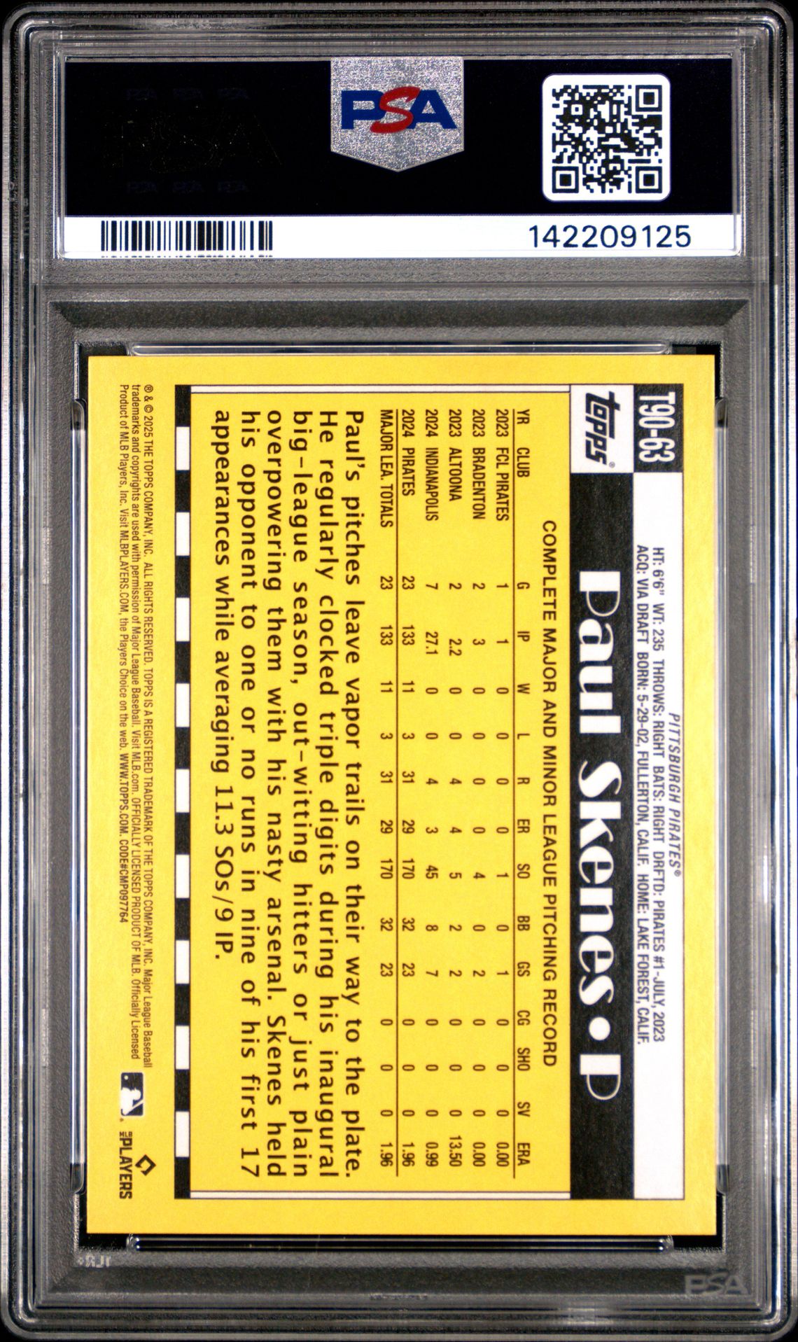 2025 Topps 1990 Topps Baseball Paul Skenes #T90-63 Gem Mt 10 back