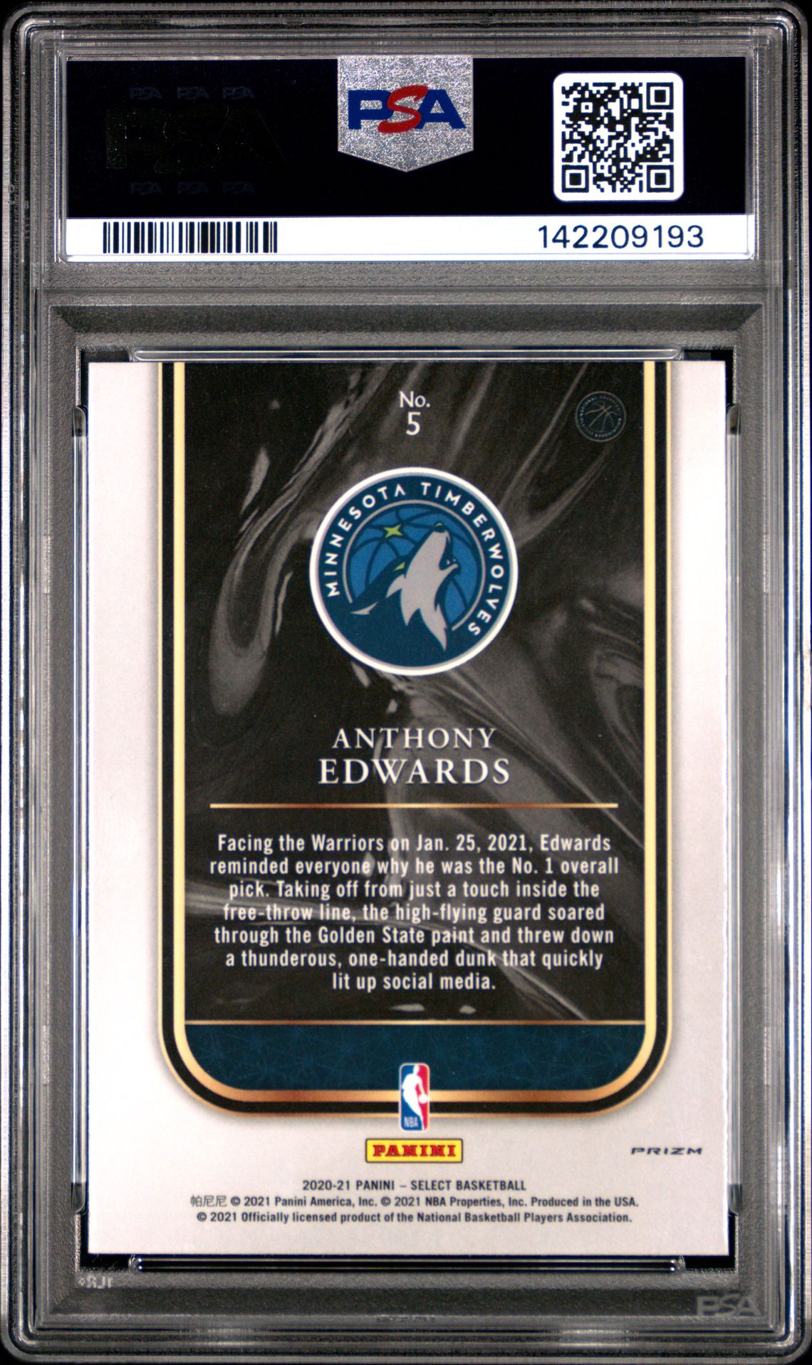 2020 Panini Select Rookie Selections Anthony Edwards #5 (Rookie Selections-Silver) Mint 9 back