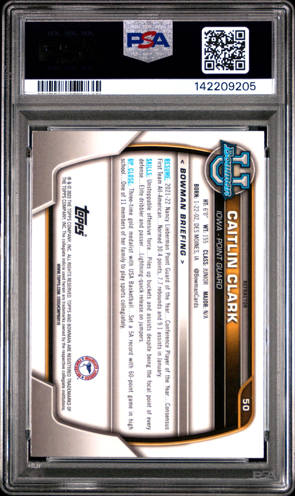 2022 Bowman Chrome University Caitlin Clark #50 (Refractor) Nm-Mt+ 8.5 back