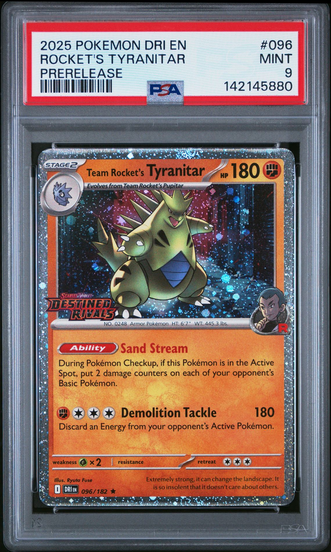 2025 Pokemon Dri En-Destined Rivals Rocket's Tyranitar #096 (Prerelease) Mint 9 front