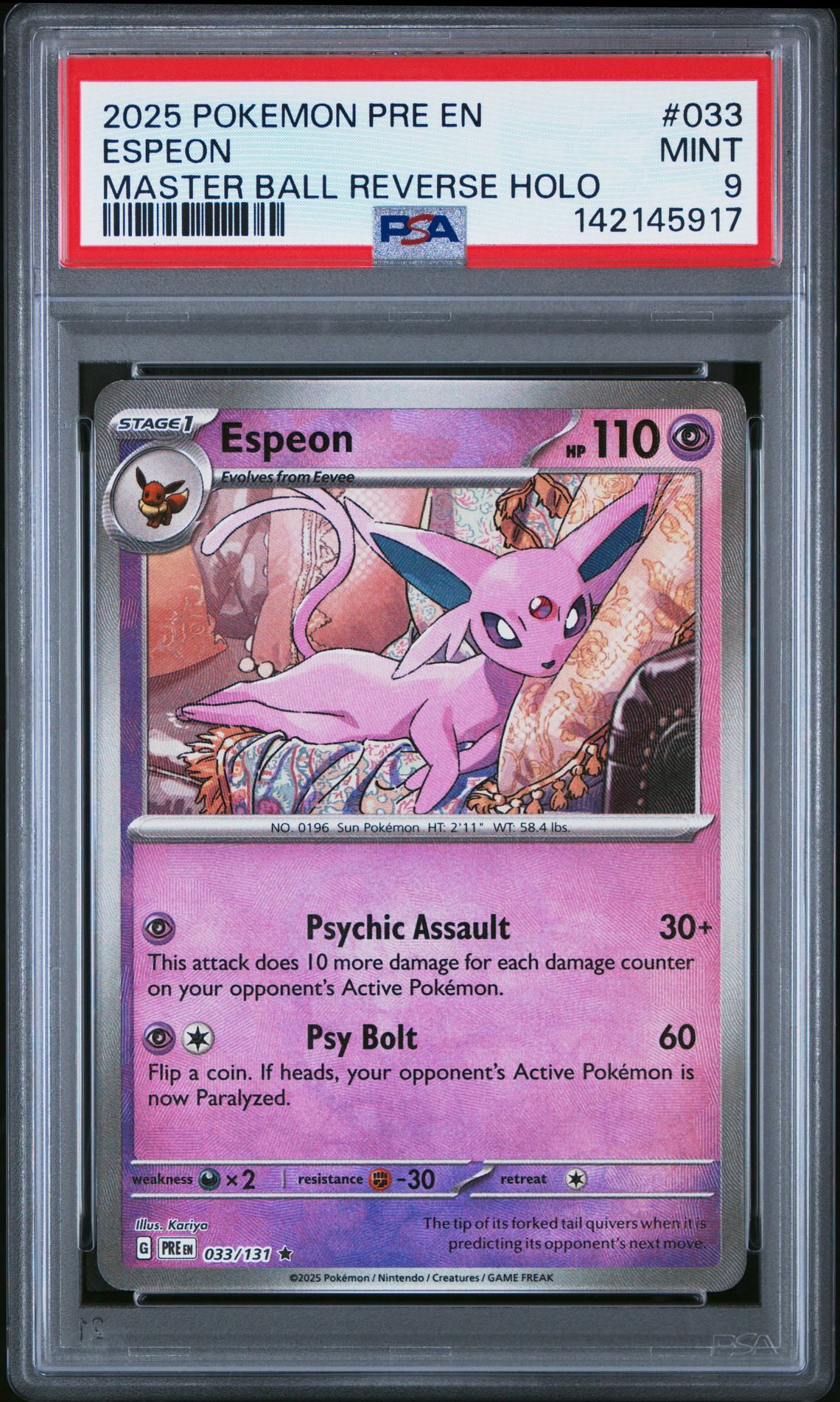 2025 Pokemon Pre En-Prismatic Evolutions Espeon #033 (Master Ball Reverse Holo) Mint 9 front