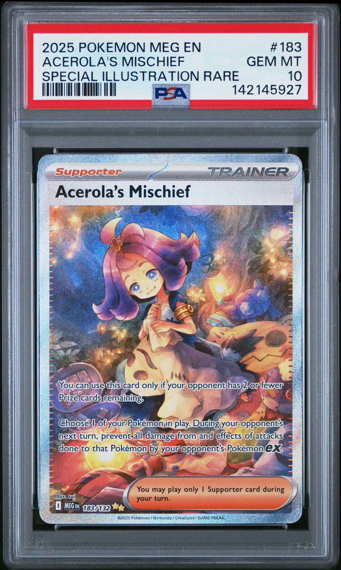 2025 Pokemon Meg En-Mega Evolution Acerola's Mischief #183 (Special Illustration Rare) Gem Mt 10 front