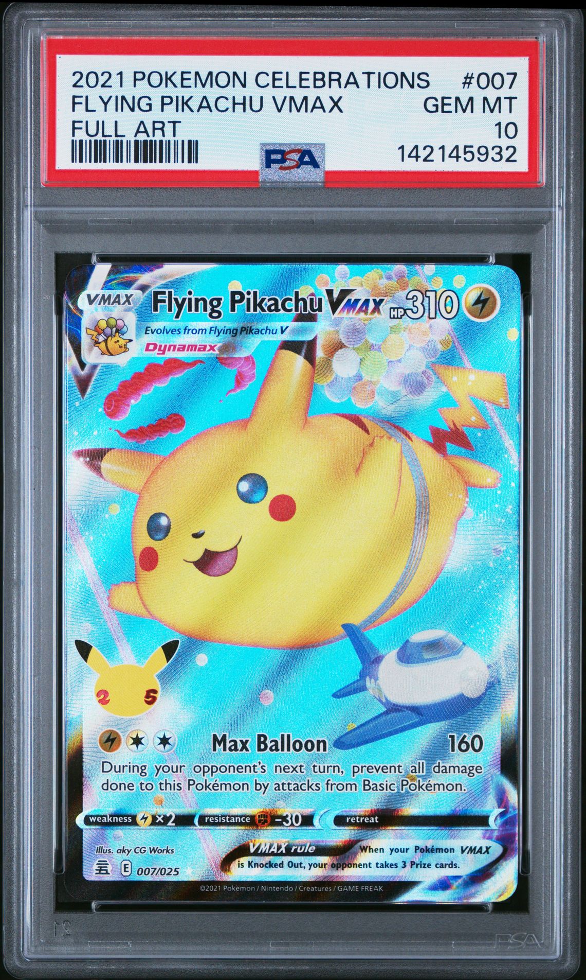 2021 Pokemon Celebrations Flying Pikachu Vmax #007 (Full Art) Gem Mt 10 front