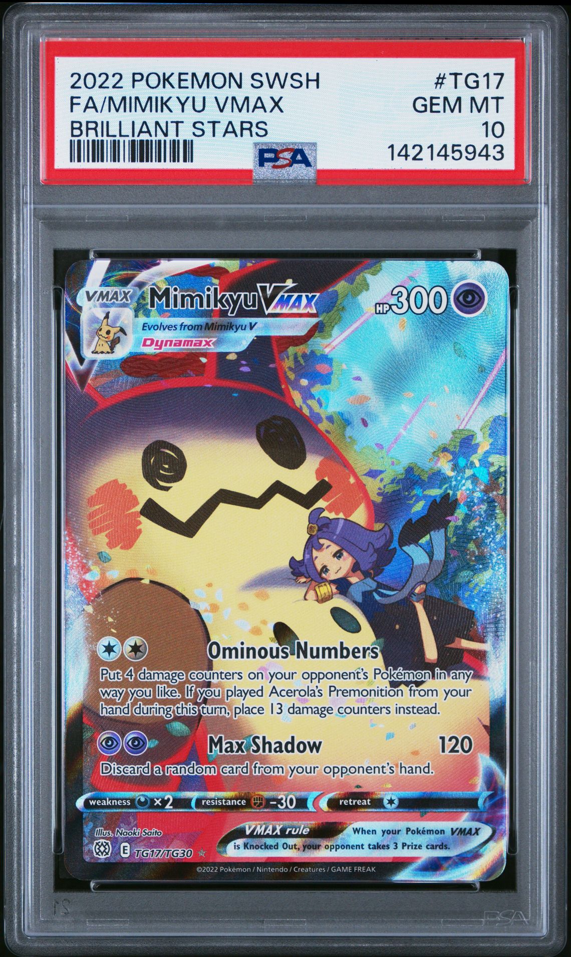 2022 Pokemon Sword & Shield Brilliant Stars Fa/Mimikyu Vmax #Tg17 (Brilliant Stars) Gem Mt 10 front