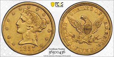 1857 $5 AU50