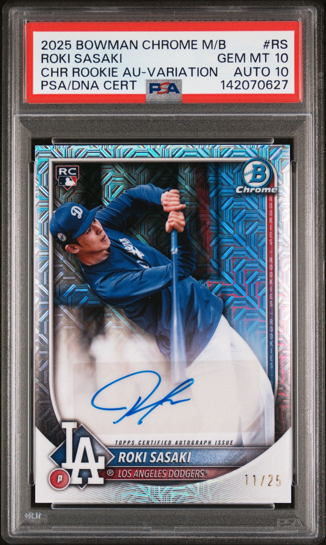 2025 Bowman BOWMAN CHROME MEGA BOX CHROME ROOKIE AUTOGRAPHS CHR ROOKIE AU-VARIATIONCertificationPrimary Signer (1 Signer)ROKI SASAKI #RS Roki Sasaki front